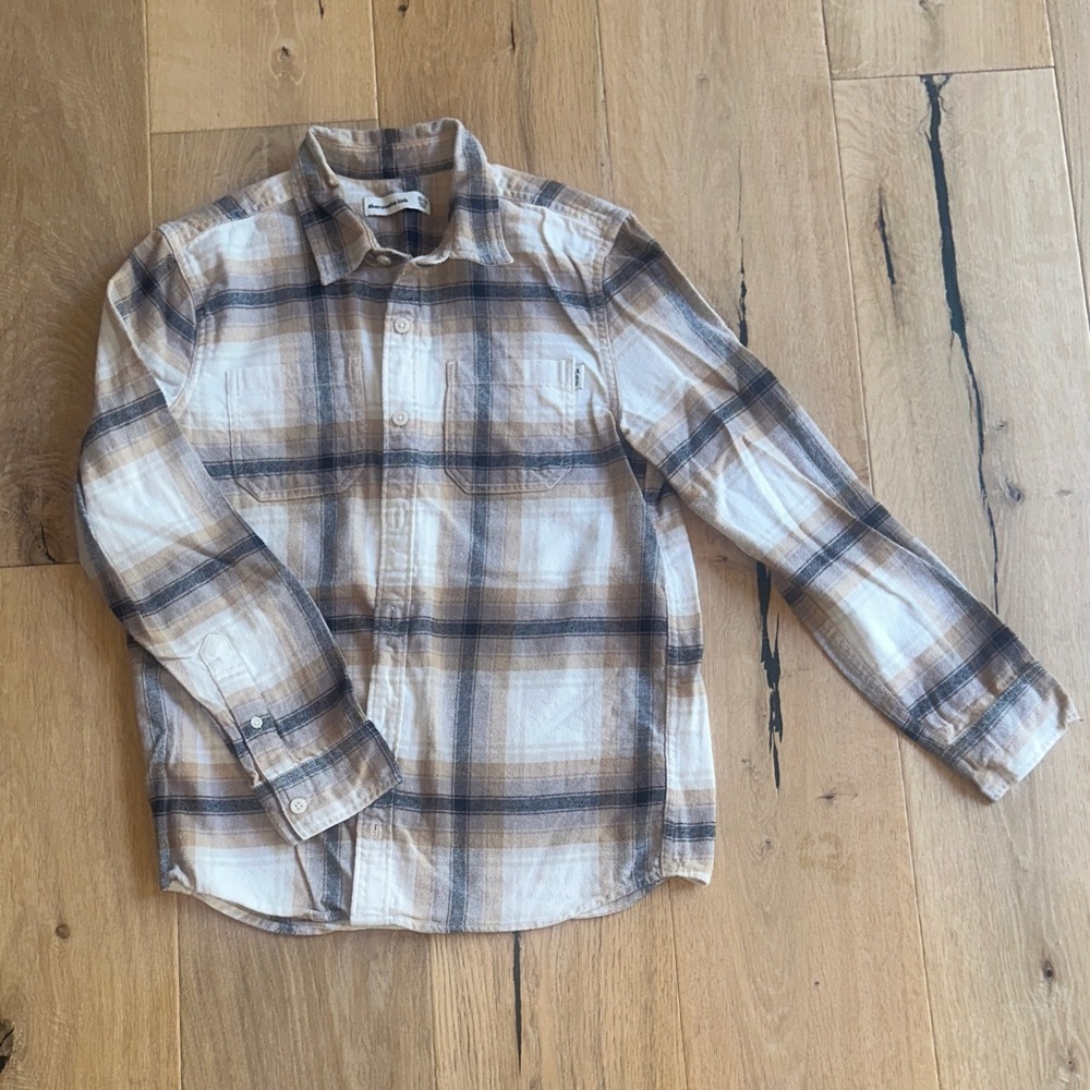 A&F Kids 13/14 Plaid Flannel Button-Up Shirt - Brown and Cream